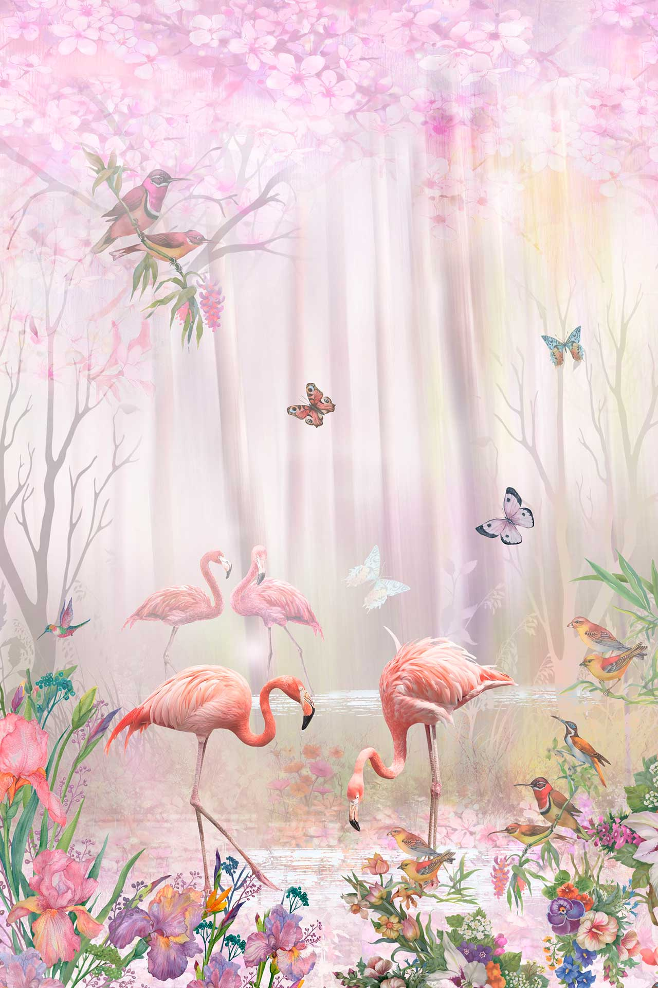 Фотообои Розовый фламинго в утреннем лесу 2